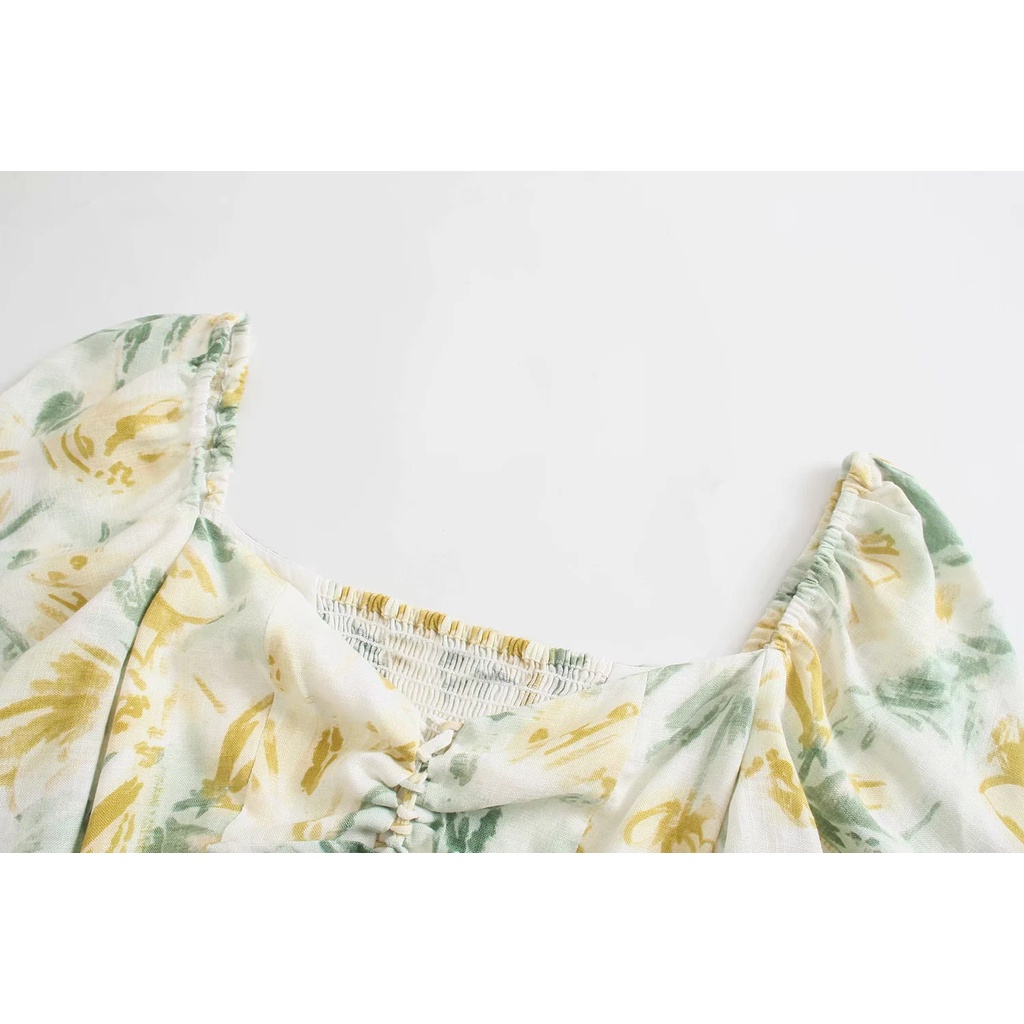 Đầm Zara hoa xanh vàng khoét eo sexy DH14KEG58N10
