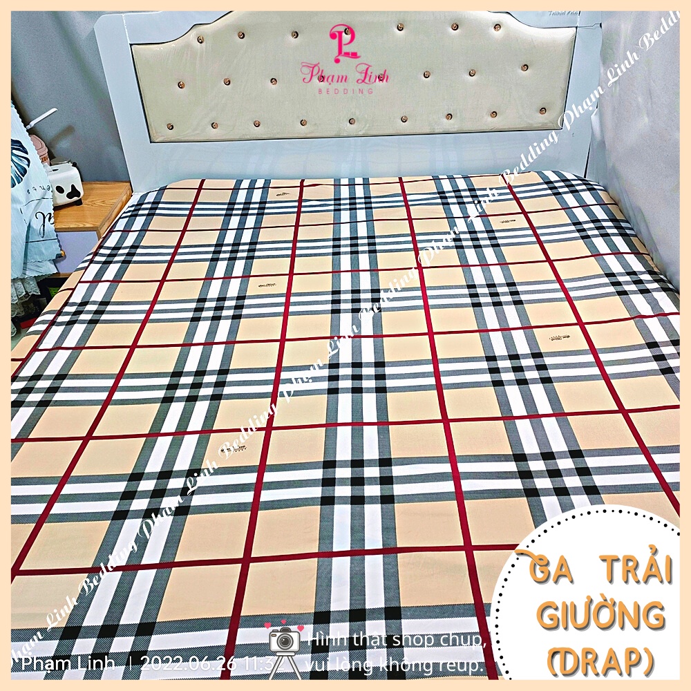 Bộ 4 món Ga trải giường vải thun Hàn Quốc in3D sợi Polyester drap bo chun vỏ gối nằm áo gối ôm caro vàng đỏ