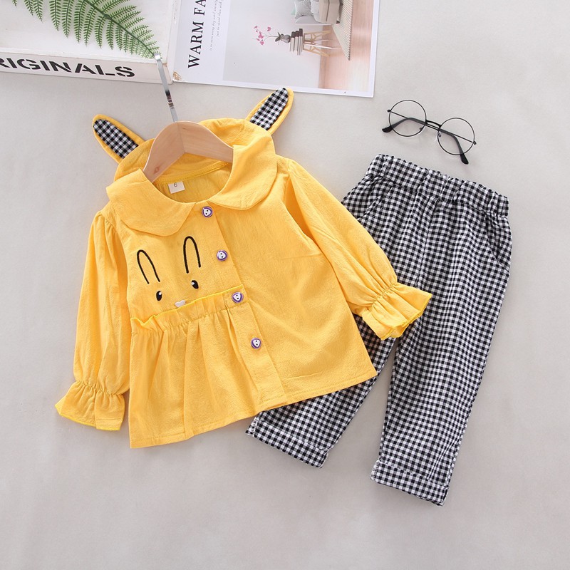 ♕ babyme ღ 2 Pcs Baby Girl Cartoon Rabbit Long Sleeve Sweatshirt +Plaid Pants Set