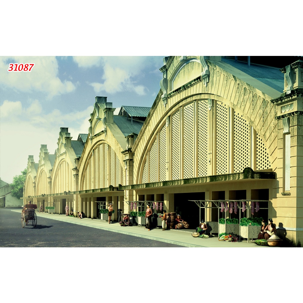 Tranh dán tường khổ lớn Quán Cafe, Trà chanh, Trà Sữa, Trang Trí Cửa Hàng 3D kiến trúc phong cách Hà Nội cổ điển