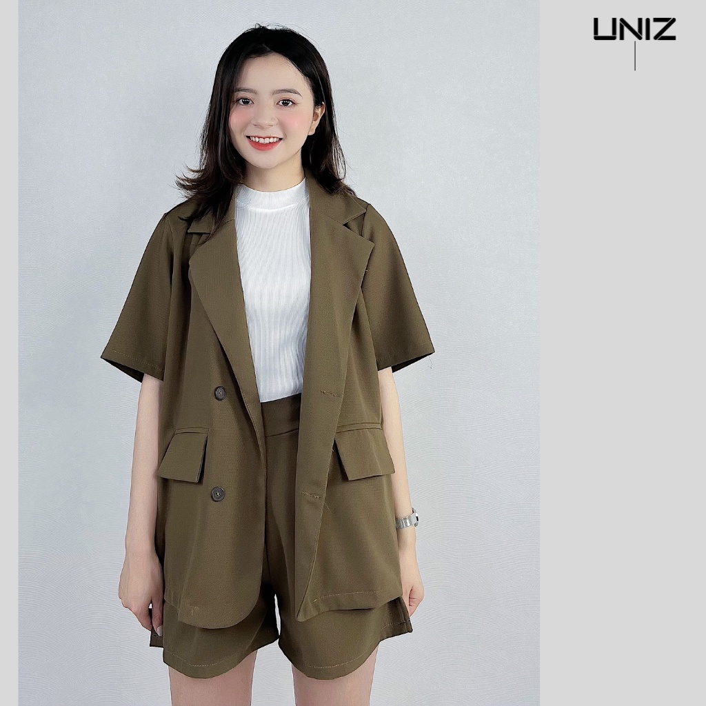 Set vest cộc tay UNIZ (màu nâu), áo blazer cộc tay, quần short cạp cao, form rộng, có cúc, chất trượt hàn 109