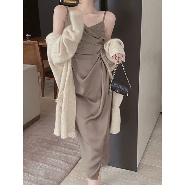 ( Ảnh thật ) 7266 Váy 2 dây lụa cổ xếp nhún eo