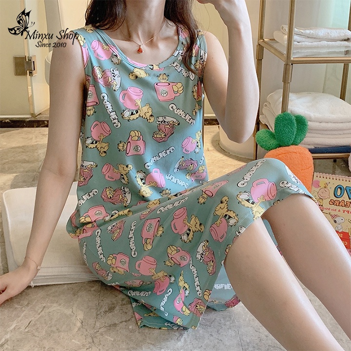 Váy ngủ đầm ngủ mặc nhà cotton dáng suông sát nách vải thun mềm mịn, phom suông siêu thoải mái,dễ thương (ST)