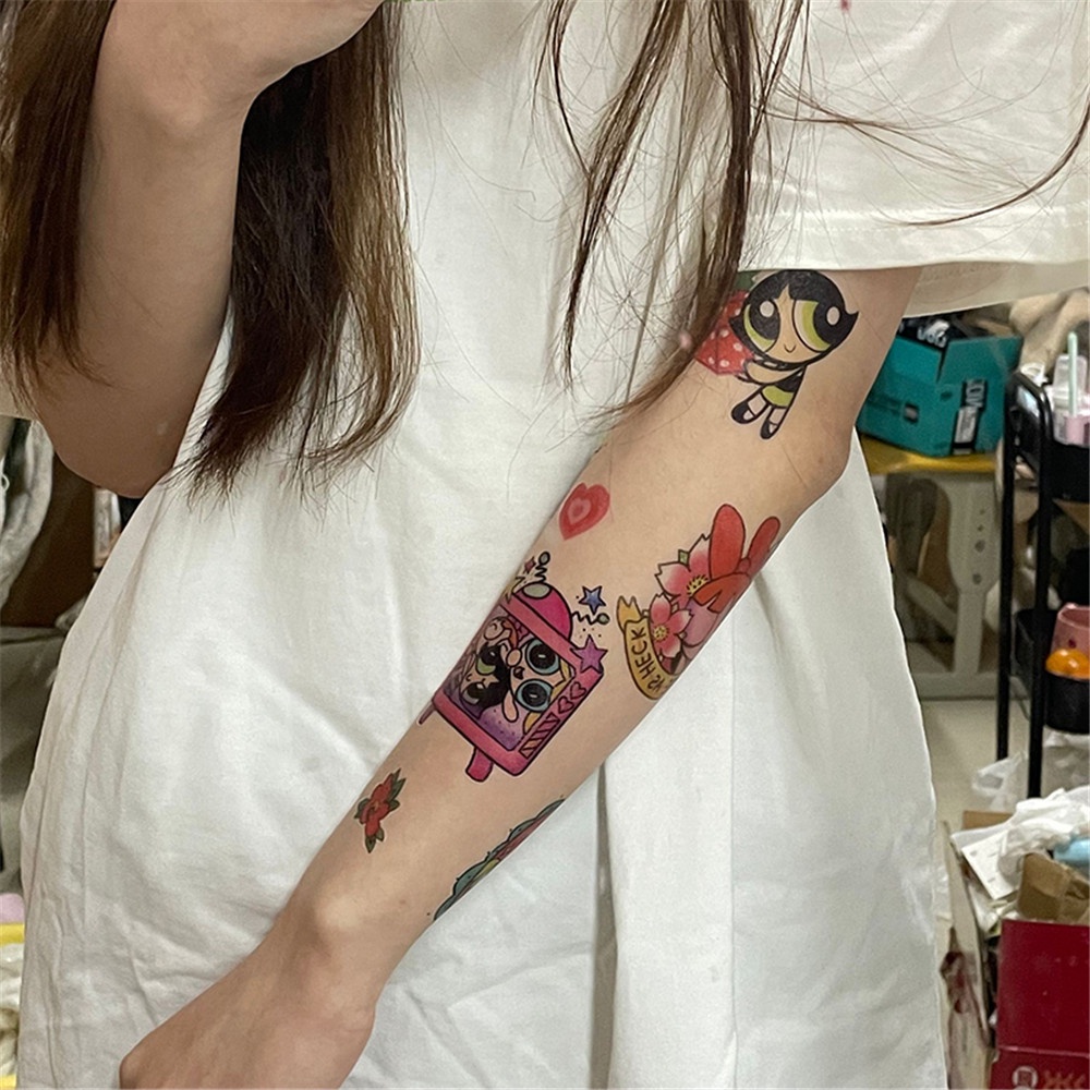 Set 17 Tấm Hình Xăm Dán Chống Thấm Nước Lâu Trôi Họa Tiết Hoạt Hình Powerpuff Dễ Thương