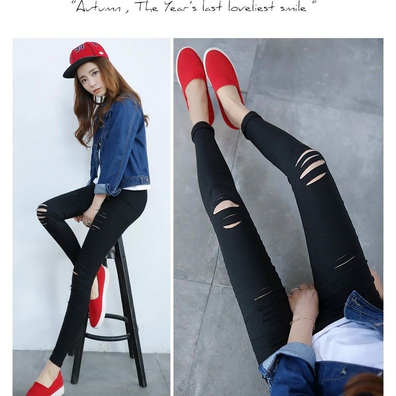 Quần jean dài dáng skinny phối rách kiểu lưới cá thời trang dành cho nữ