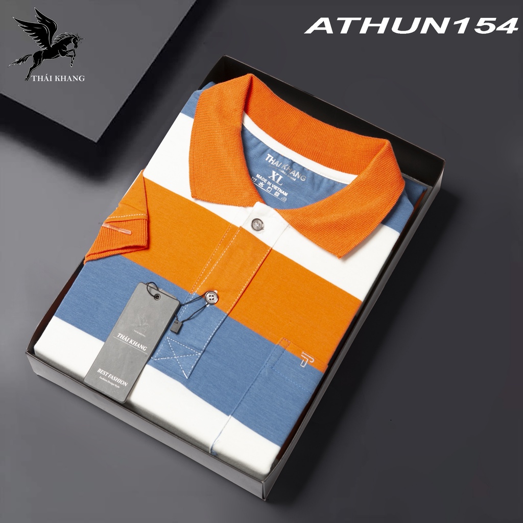 Áo thun nam ngắn tay sọc ngang trung niên vải cotton dày mềm mát loại áo thun nam có cổ có túi ATHUN15