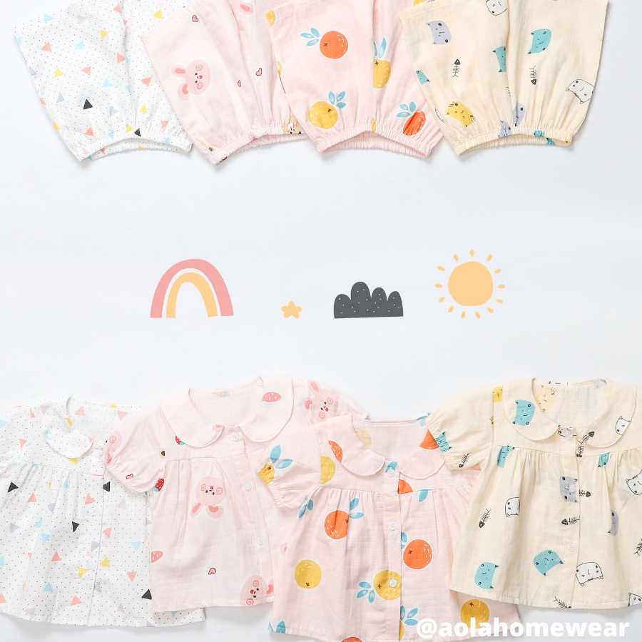 Bộ hè bé gái áo babydoll cánh tiên vải xô hai lớp mềm mát họa tiết thỏ mèo Áo Lá Homewear XOBN22
