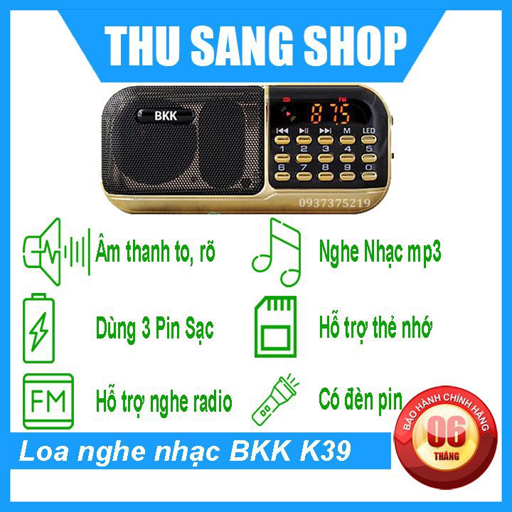 Loa nghe nhạc mini BKK K39 chính hãng sử dụng 3 PIN nghe nhạc bằng thẻ nhớ rất lâu và có đèn pin siêu sáng