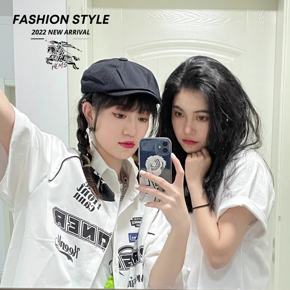 Áo sơ mi tay ngắn nam nữ unisex form rộng tay lỡ in chữ