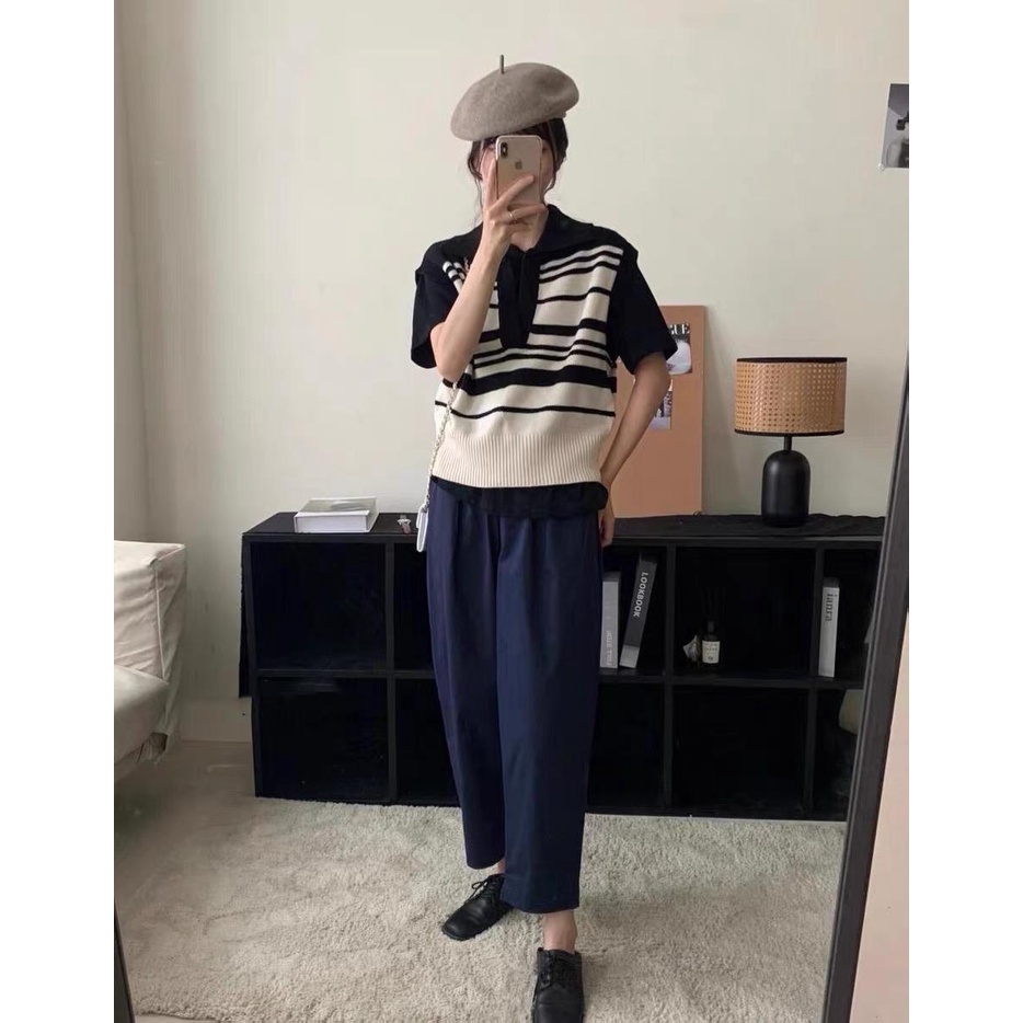 MS879 Áo gile len nữ cổ bẻ kẻ ngang Hàn Quốc