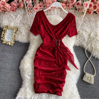 🌸Hàng Order🌸(Đủ Màu) Váy Đầm Body Cổ V Thắt Eo Đính Đá Lấp Lánh Sang Chảnh Nữ Tính🌸Hàng Quảng Châu
