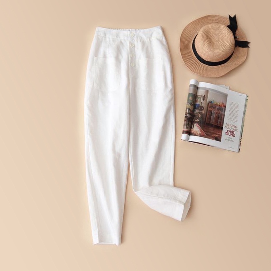 Quần côn Linen KACHISA màu trắng tưng dài phối nút kiểu