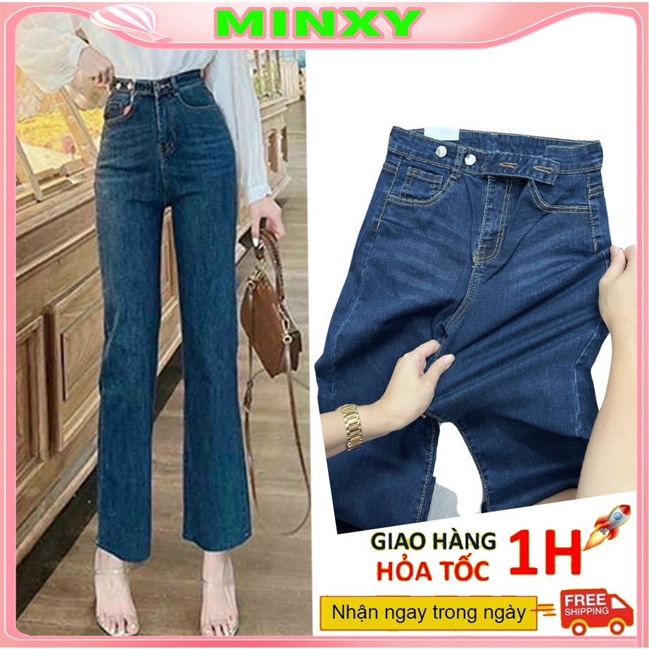 Quần jeans ống đứng cắt gấu chất bò co dãn cạp cao khuy cài  -Minxy shop