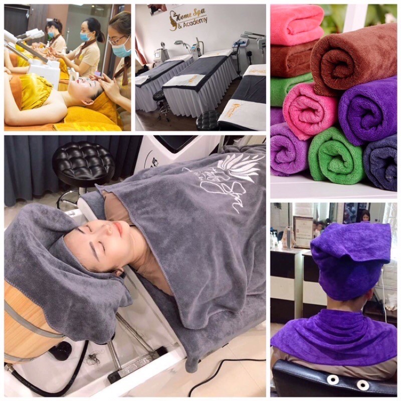 (Có Thêu logo) ( Miễn phí thiết kế logo) Khăn gội, quấn đầu, trải gối spa, phun xăm, nail, mi 35x75cm