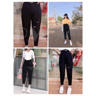 Quần bò jean] Quần bò nữ dáng bagy rách+trơn cạp siêu cao