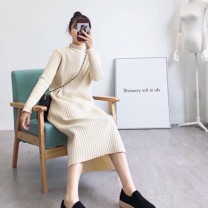 Váy len Quảng Châu dáng suông dài tay, Đầm len gân loại đẹp tay suông freesize bốn màu