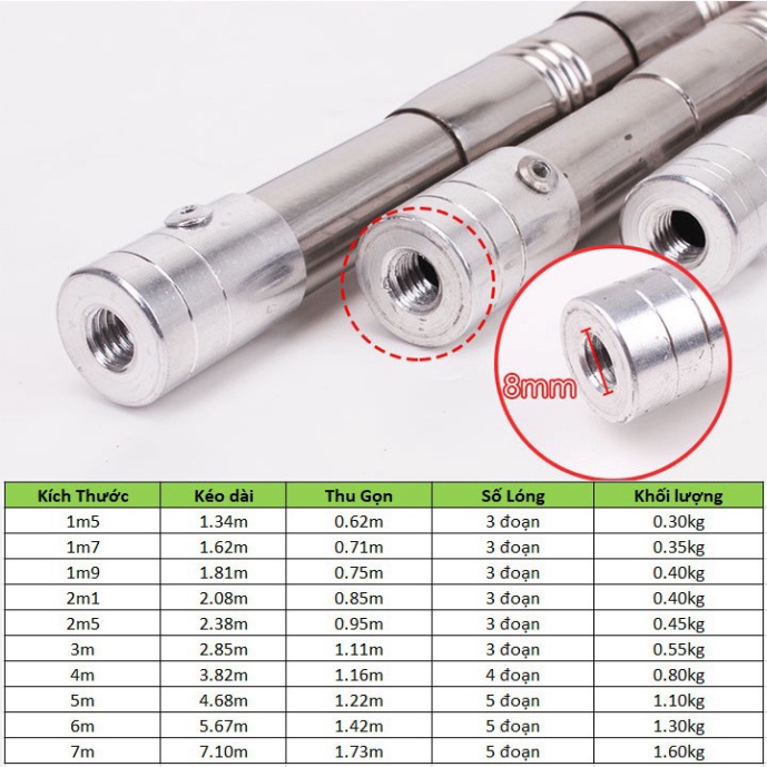 Sào Rút Inox Đa Năng. Sào Inox Bẫy Chim Dài 1m5-1m7-2m1-2m5-3m0-4m-5m-6m-7m - siêu giảm giá