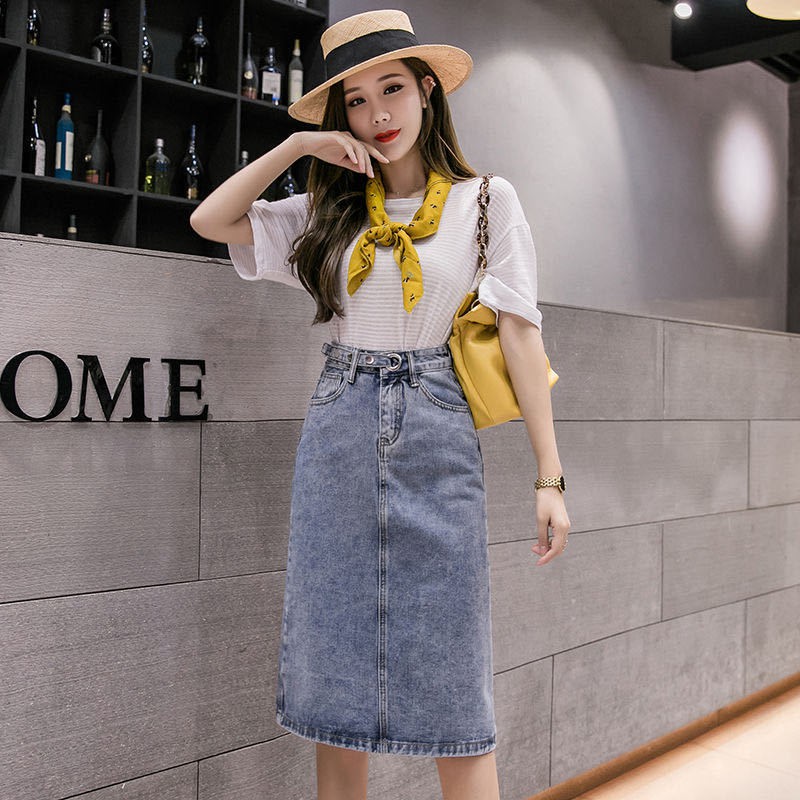 Chân Váy Jean Chữ A Lưng Cao Phong Cách Hàn Quốc Thời Trang Xuân Thu 2021