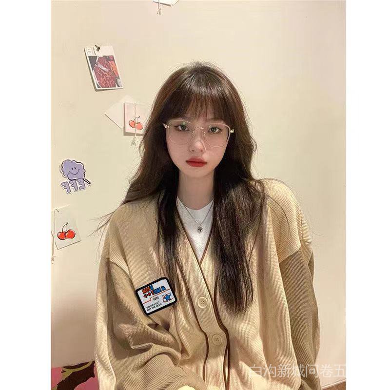 Áo khoác Cardigan mỏng dáng rộng ghép nối kiểu Retro đường phố Mỹ mùa xuân thu cho nữ sinh