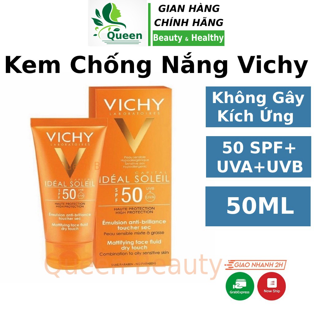 Kem chống nắng Vichy SPF50 cho da dầu mụn nhạy cảm hỗn hợp thiên dầu không đổ dầu vật lý, hóa học Queen Beauty - KCN