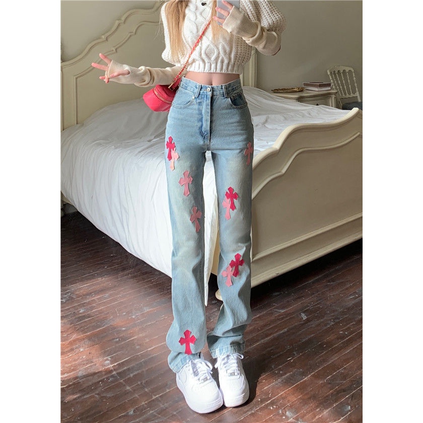 Quần jean dài ống rộng suông lưng cao phong cách xuân hè thời trang cho nữ