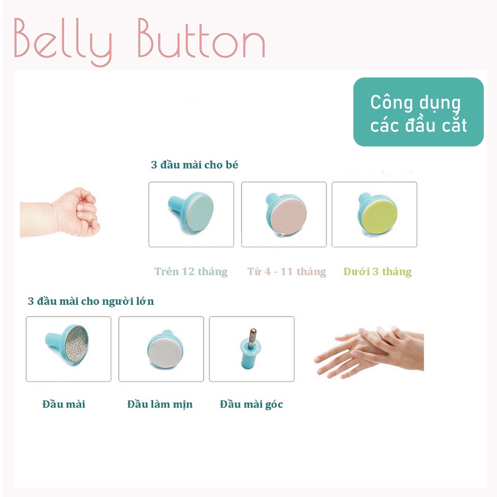Máy cắt bấm móng tay Belly Button cho bé, đồ dũa mài móng tay cho trẻ sơ sinh không cảm giác đau có 5 đầu cắt và kèm pin