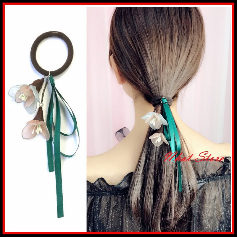 Dây buộc tóc, dây chun hoạ thiết hình bông hoa có dây ruy băng Phong cách Hàn Quốc ngọt ngào, dễ thương - Cột tóc CT05