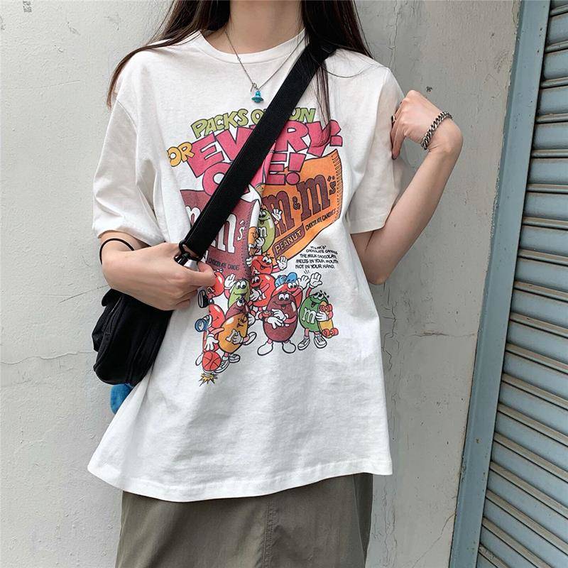100% cotton Áo thun tay ngắn dáng rộng in họa tiết phong cách Hàn Quốc cho nữ