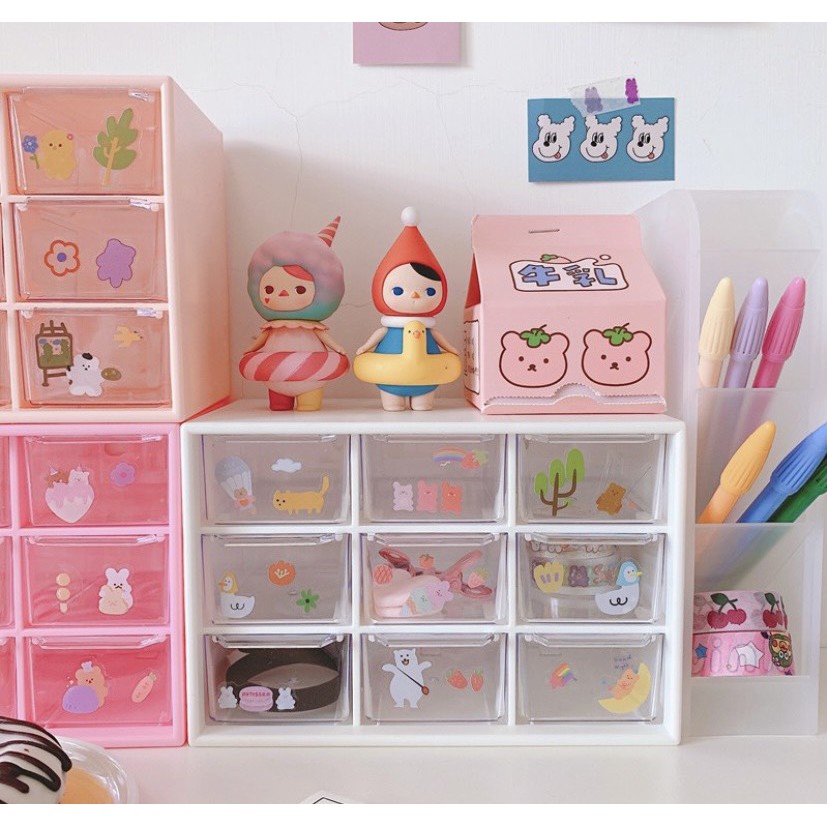 Hộp 9 ngăn kéo,kệ 9 ô mini chống bụi lưu trữ để bàn văn phòng phẩm trang sức/vòng tay/mỹ phẩm dễ thương Hàn Quốc