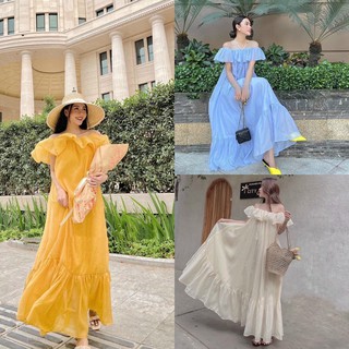 Đầm maxi bẹt vai bèo ngực