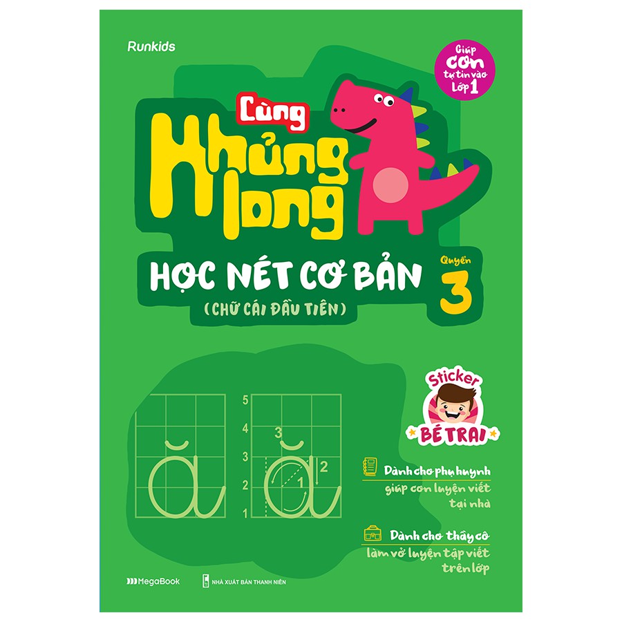 Sách Combo 3 cuốn Cùng Khủng long học nét cơ bản (Nét, số, chữ cái đầu tiên) - Quyển 1, 2,3 - Tặng kèm Sticker bé trai