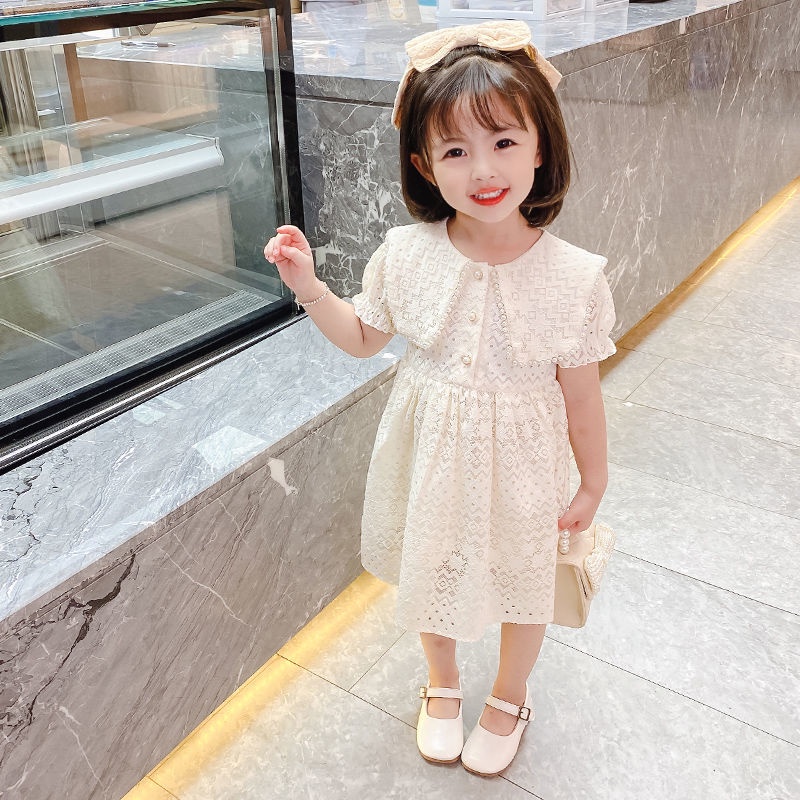 Đầm công chúa phối ren lưới màu trắng mới thời trang mùa hè Hàn Quốc cho bé gái