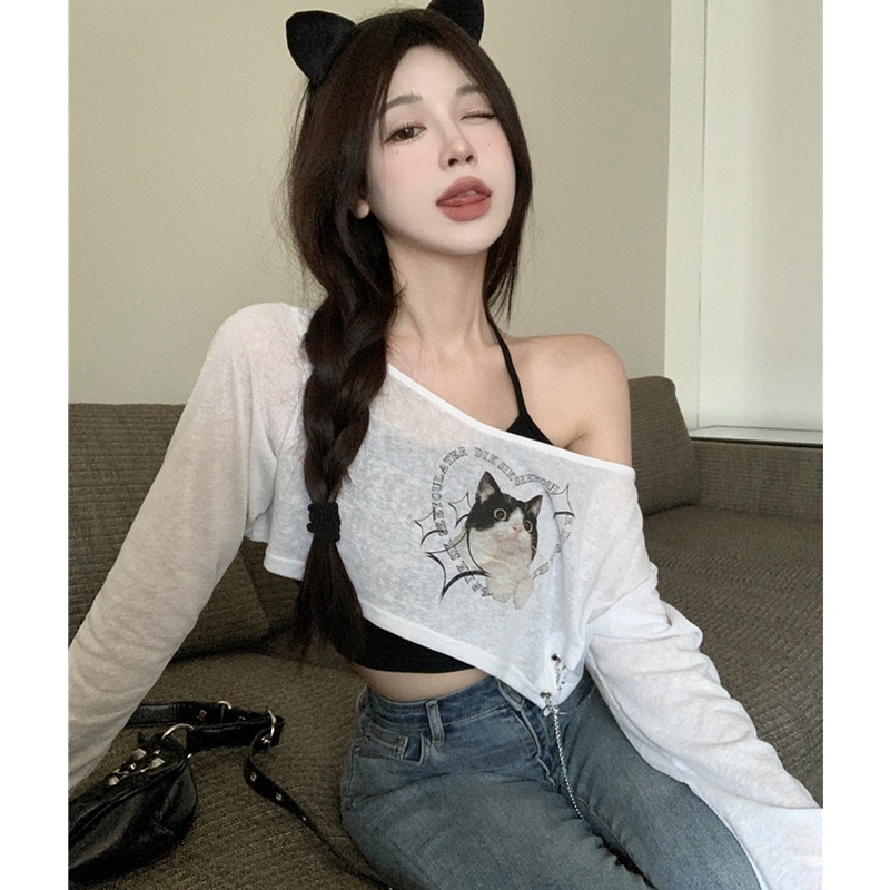 Áo Thun Tay Dài Hở Vai In Họa Tiết Thời Trang Cho Nữ