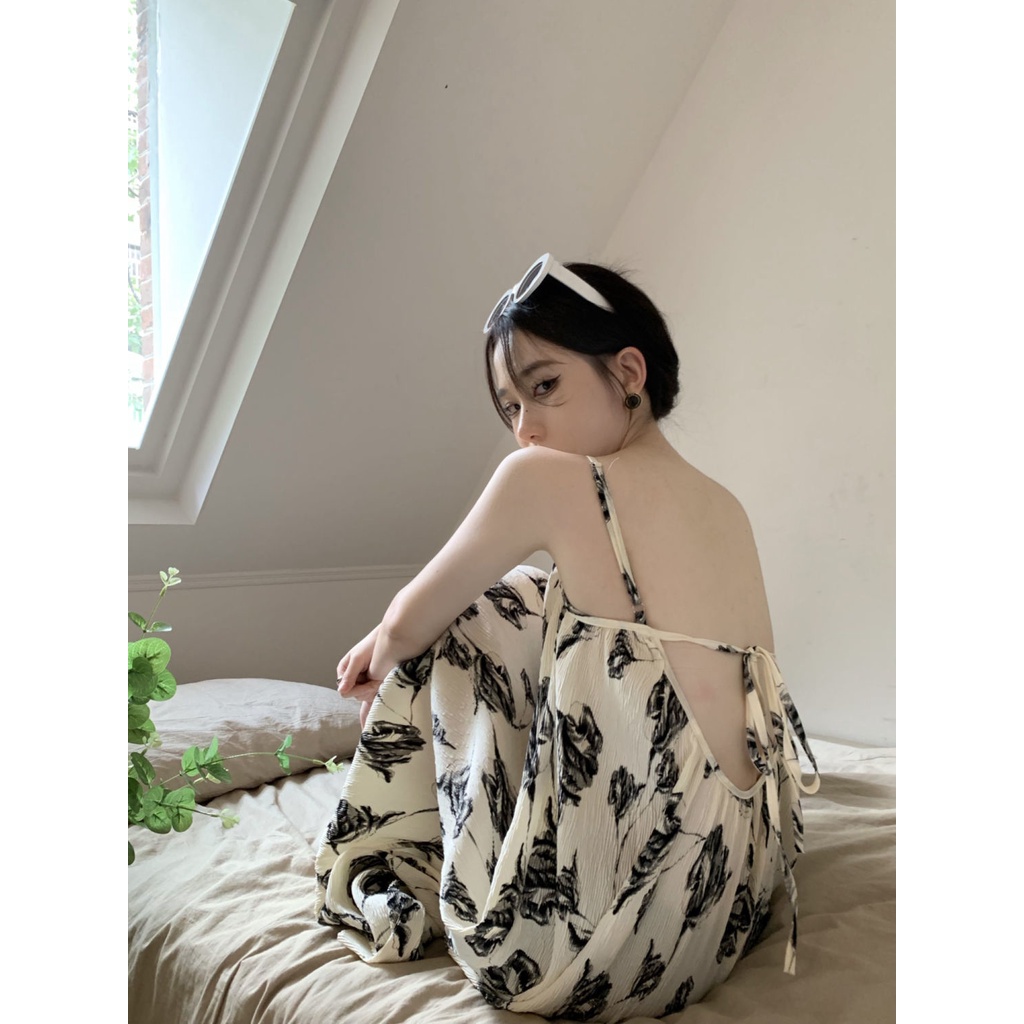 Đầm Chữ A Không Tay Hở Vai In Họa Tiết Thời Trang Phong Cách Hàn Quốc Cho Nữ