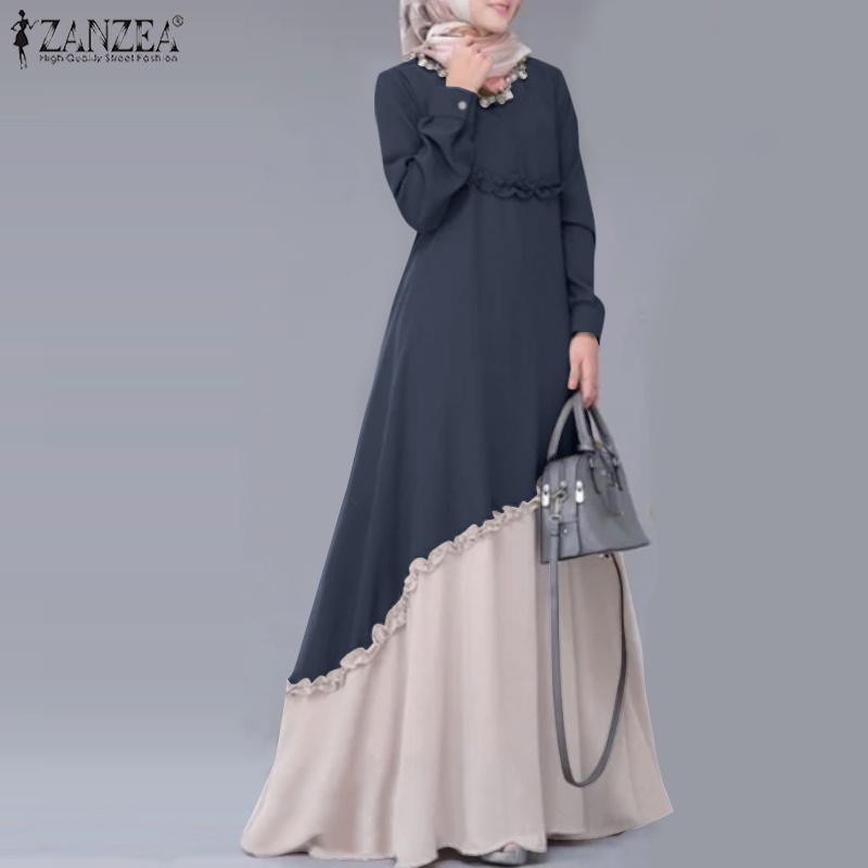 Đầm ZANZEA xòe xếp ly chữ A viền màu tương phản thời trang cho nữ