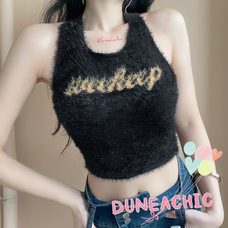 DUNEA Áo Tank Top Dệt Kim In Chữ Kiểu Vintage Cá Tính Cho Nữ
