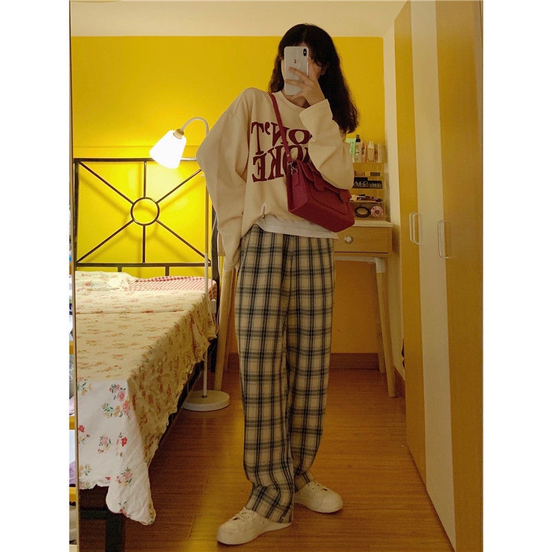 Set Áo Sweater Form Rộng Và Quần ống rộng Họa Tiết Sọc Caro Phong Cách Hàn Quốc