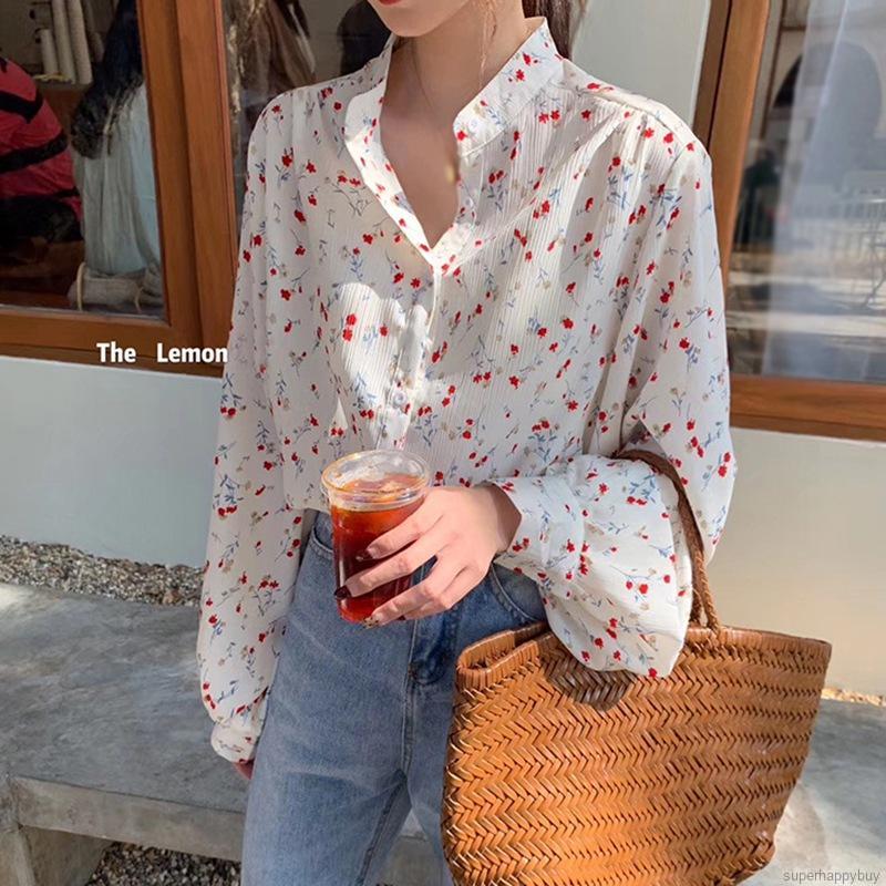 Áo Sơ Mi Tay Dài Chất Chiffon Hoạ Tiết Hoa Cho Nữ