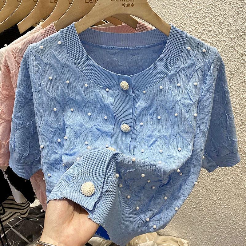 Áo Cardigan Ngắn Tay Dáng Rộng Vải Lụa Mát Đính Hạt Thời Trang  tao bao