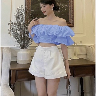 Quần short nữ lưng cao ống rộng xếp ly basic
