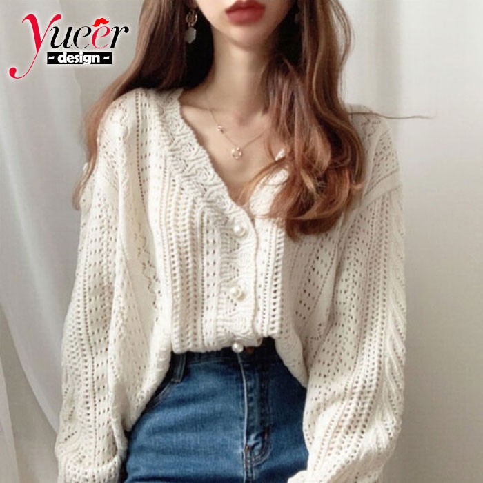 Dệt Kim Cardigan Ma Ngựa Cô Gái Hàn Quốc Sang Trọng Retro Thời Gian Móc Ren Rỗng Ngọt Ngào Phong Cách Phương Tây Giảm Tuổi Tất Cả Trận Đấu Dệt Kim Cardigan Áo Len Dệt Kim Cardi
