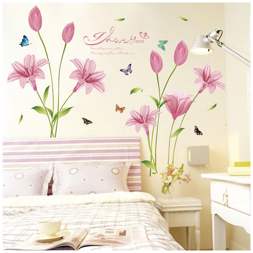 Decal dán tường Hoa anh thảo hồng AmyShop DH097 ( 85 x 160 cm)