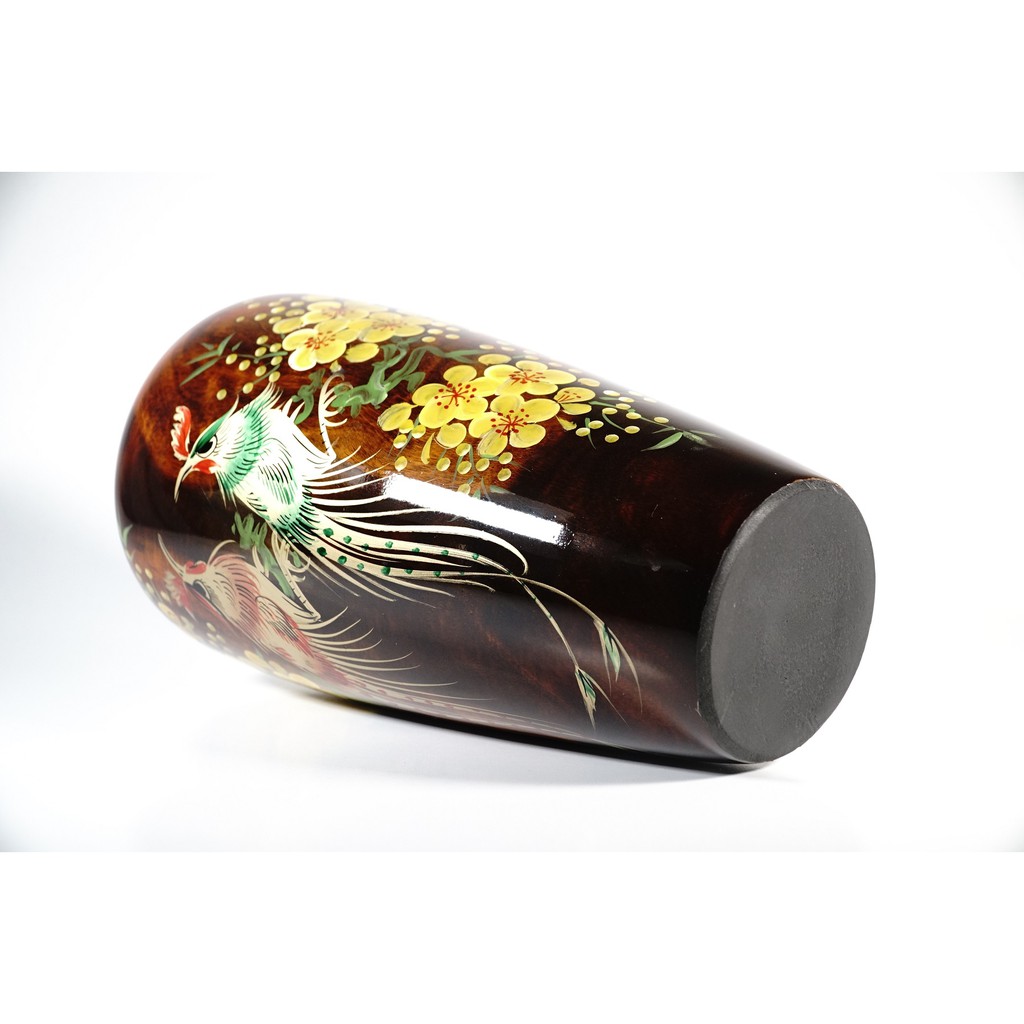 Bình hoa gỗ lá lan cặp công phượng hoàng uyên ương đậu trên cành mai vàng - Cao 30cm