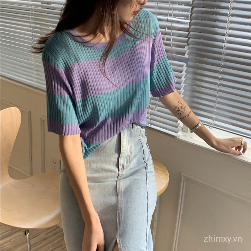 Áo dệt kim Do Dower tay ngắn dáng rộng họa tiết kẻ sọc màu tương phản thời trang mùa hè Hàn Quốc cho nữ | BigBuy360 - bigbuy360.vn
