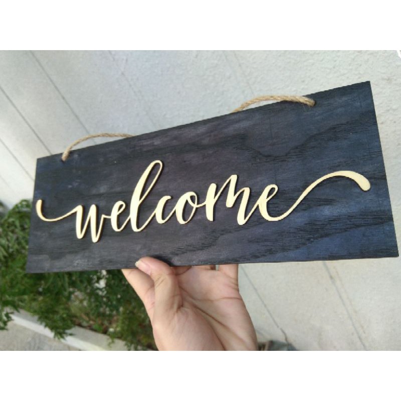 Bảng gỗ dán chữ gỗ 1 mặt nội dung "Welcome" + kèm dây treo mẫu #2 - LUMY Wood Decor