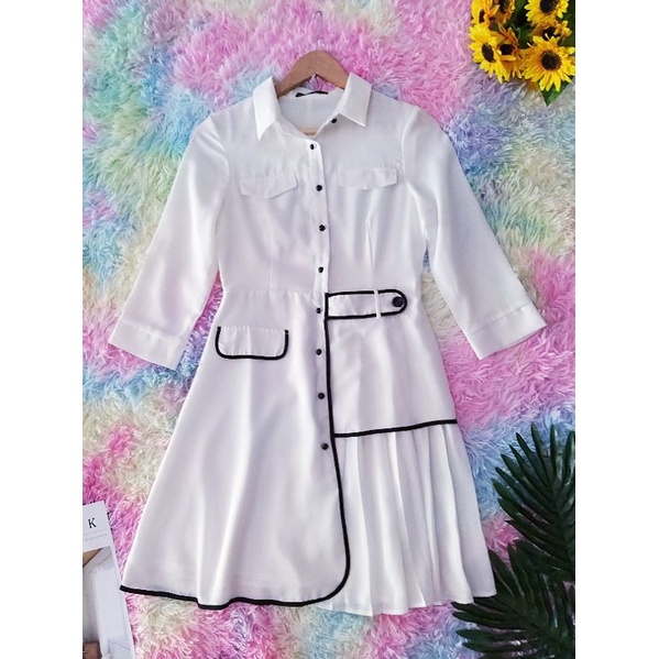 (New QC) Đầm voan trắng cổ sơ mi chân váy dập ly 1 bên