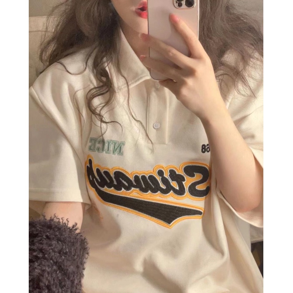 Áo polo Tay Ngắn Dáng Rộng In Họa Tiết Phong Cách Retro Thời Trang