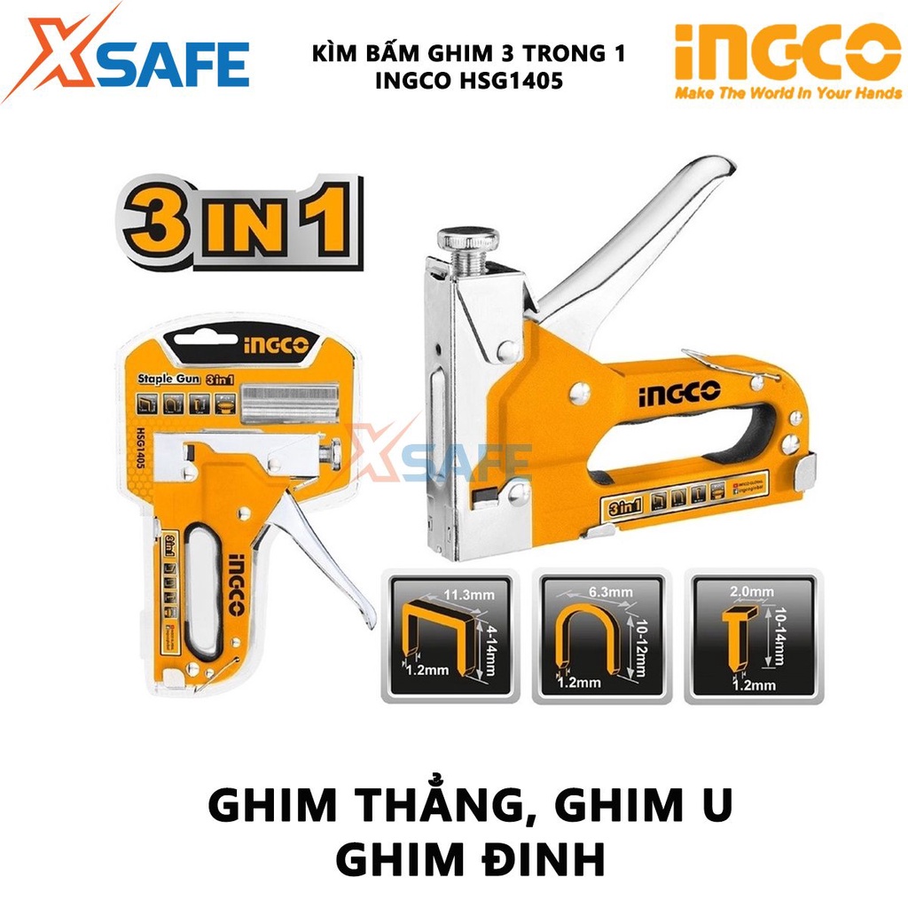 Kềm bấm ghim đa năng INGCO HSG1405 Kìm bấm ghim 3 trong 1 kèm ghim thẳng, ghim U,  ghim đinh - Chỉnh hãng [XSAFE]