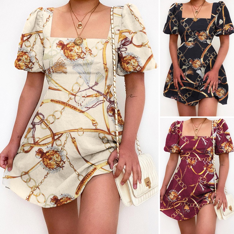 Đầm ngắn ZANZEA thời trang tay phồng cổ áo vuông họa tiết dây mắt xích in giản đơn dành cho nữ