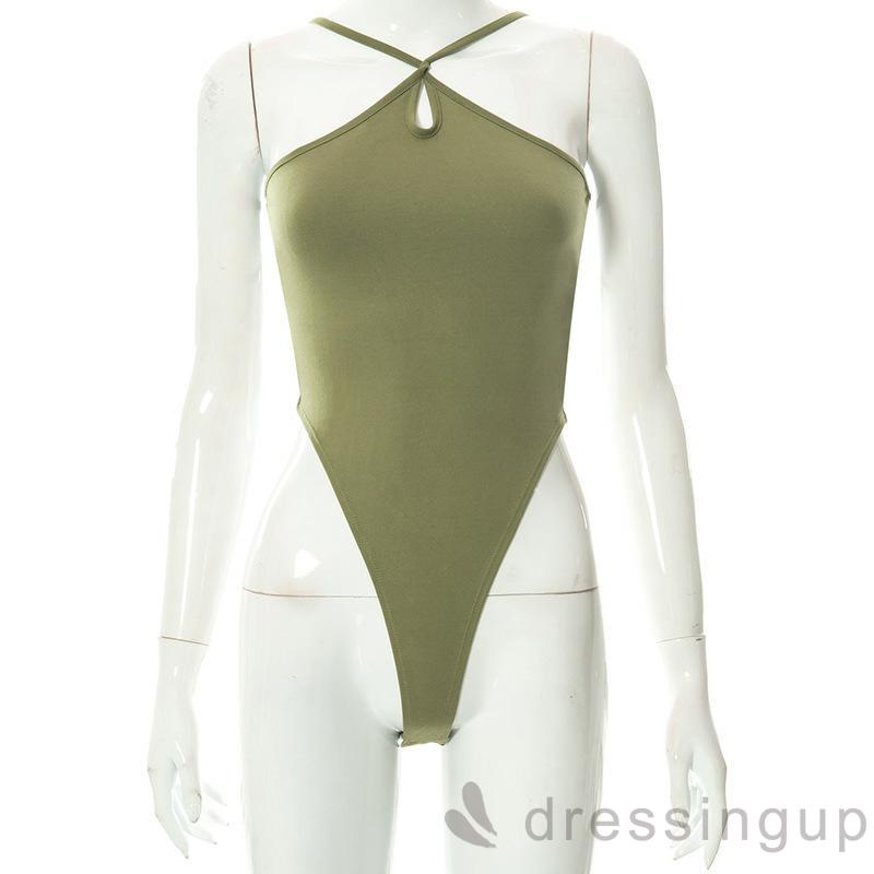 DRE-Women Halter Bodysuit,Solid Color Backless Bandage Leotard Romper